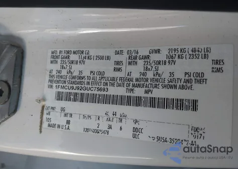 2016 Ford Escape Titanium from USA, damaged, VIN 1FMCU9J92GUC75693